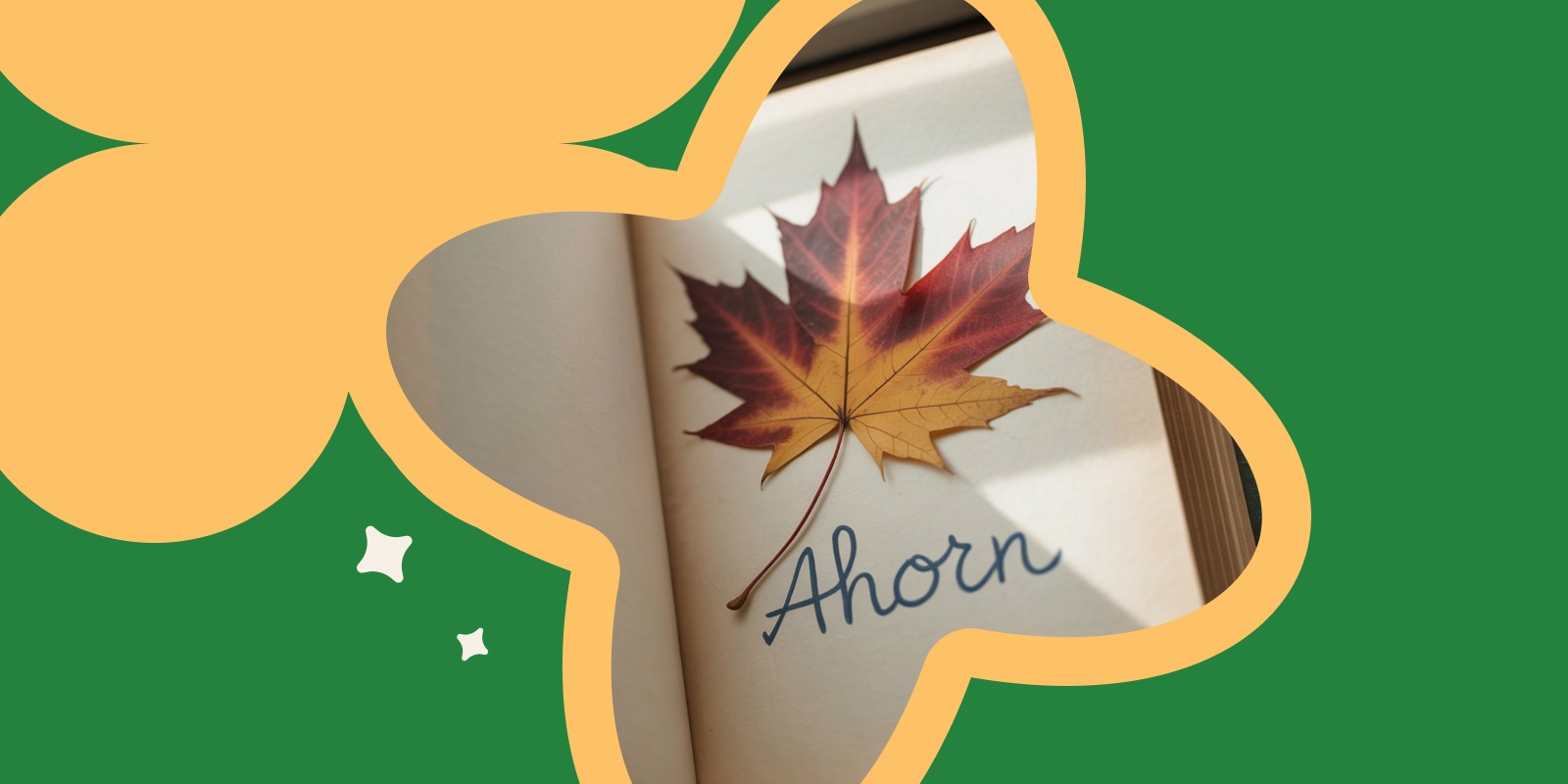 Libro aperto con foglie autunnali pressate e nomi di alberi scritti a mano