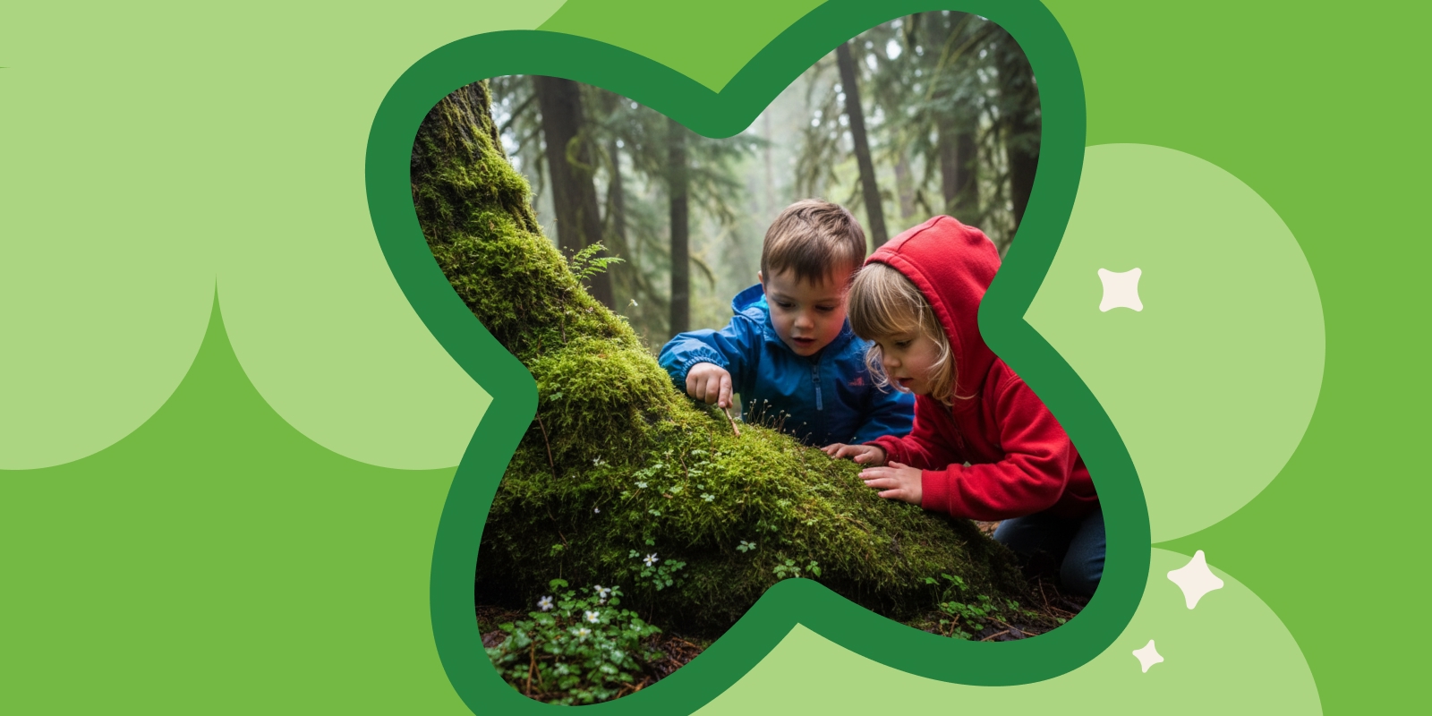Bambino che esamina un cuscinetto di muschio nel bosco con una lente, accanto una lista
